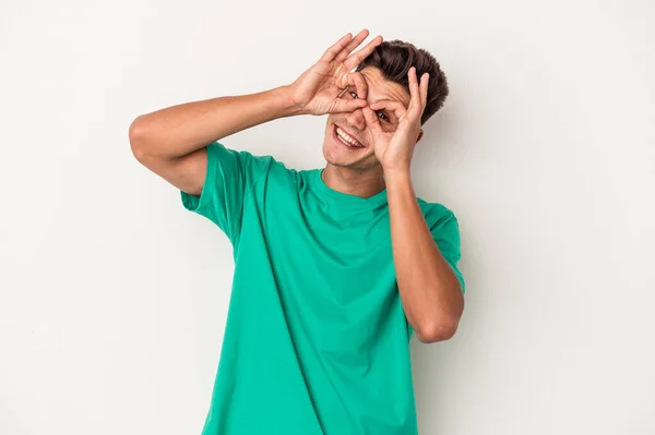 Young Caucasian Man Isolated White Background Showing Okay Sign Eyes — Stock Photo, Image