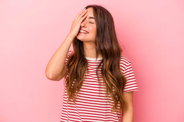 Young Caucasian Woman Isolated Pink Background Laughing Happy Carefree Natural — Stock Photo, Image