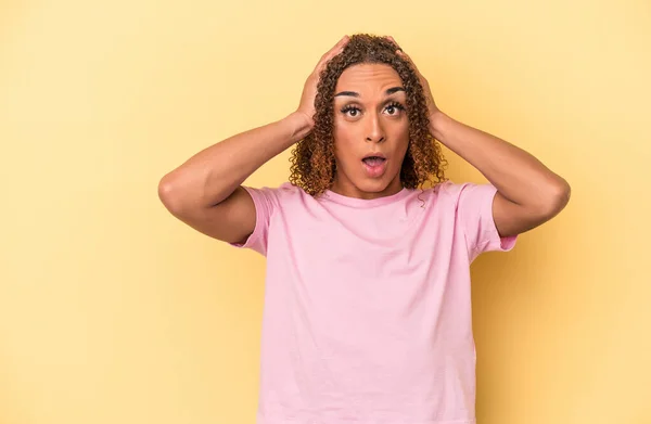 Young Latin Transsexual Woman Isolated Yellow Background Being Shocked She — Stock Photo, Image