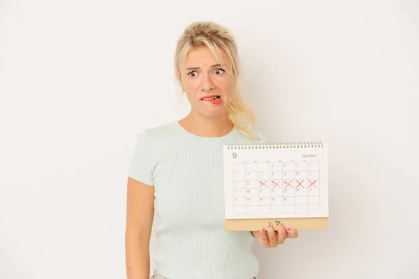 Giovane Donna Russa Possesso Calendario Isolato Sfondo Bianco Confuso Sente — Foto Stock