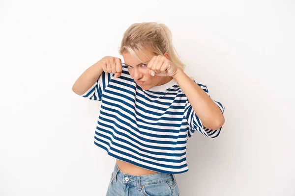 Young Russian Woman Isolated White Background Throwing Punch Anger Fighting — Stock Photo, Image