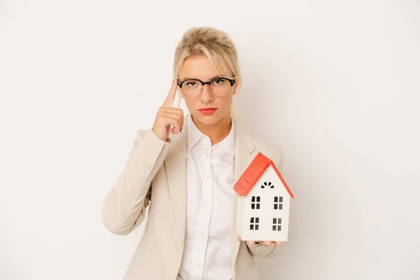 Young Real Estate Agent Woman Holding Home Model Isolated White — Stock Photo, Image