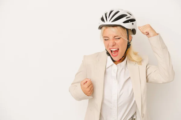 Jeune Femme Russe Affaires Tenant Casque Vélo Isolé Sur Fond — Photo