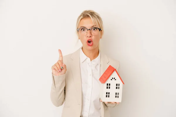 Young Real Estate Agent Woman Holding Home Model Isolated White — Stock Photo, Image