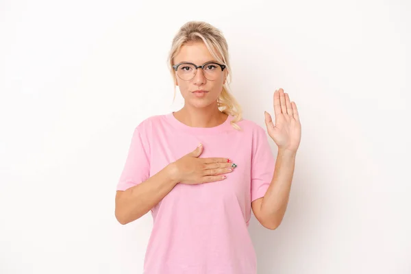 Young Russian Woman Isolated White Background Taking Oath Putting Hand — Stock Photo, Image