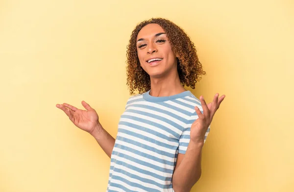 Young Latin Transsexual Woman Isolated Yellow Background Joyful Laughing Lot — Stock Photo, Image