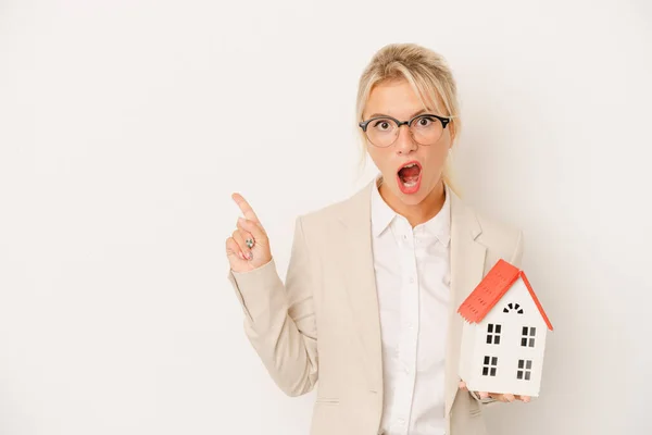 Young Real Estate Agent Woman Holding Home Model Isolated White — Stock Photo, Image