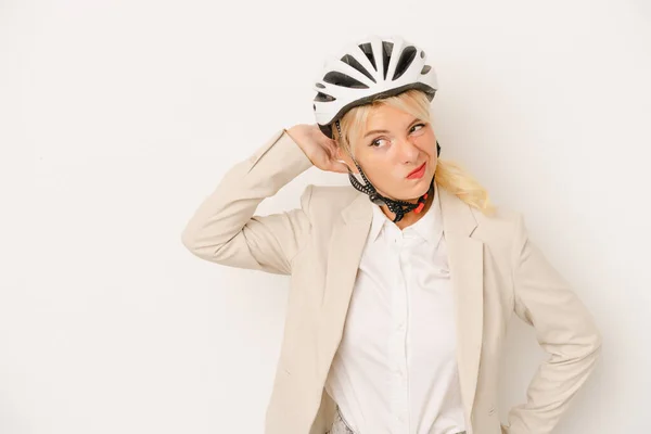 Unga Företag Ryska Kvinna Hålla Cykel Hjälm Isolerad Vit Bakgrund — Stockfoto