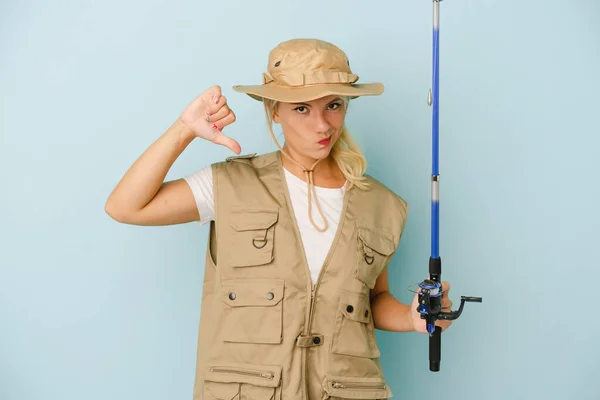 Young Russian Fisherwoman Isolated Blue Background Feels Proud Self Confident — Stock Photo, Image