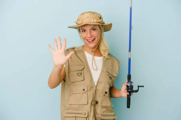 Young Russian Fisherwoman Isolated Blue Background Smiling Cheerful Showing Number — Stock Photo, Image