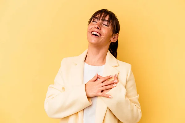 Young Argentinian Woman Isolated Yellow Background Laughing Keeping Hands Heart — ストック写真