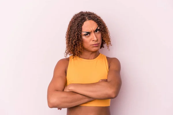 Young Latin Transsexual Woman Isolated Pink Background Frowning Face Displeasure — Stock Photo, Image