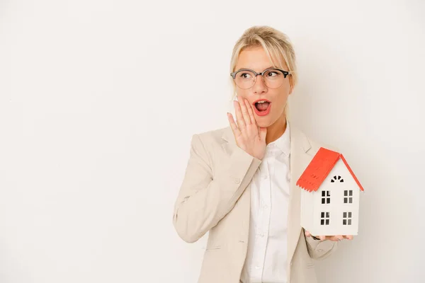 Young Real Estate Agent Woman Holding Home Model Isolated White — Stock Photo, Image