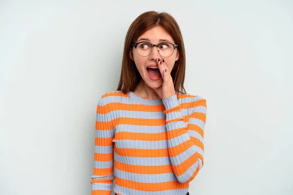 Young English Woman Isolated Blue Background Shouting Excited Front — Stock Photo, Image