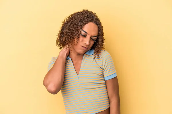 Young Latin Transsexual Woman Isolated Yellow Background Having Neck Pain — Stock Photo, Image
