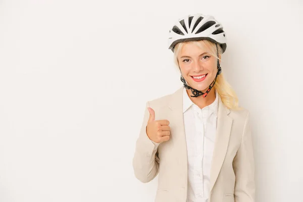 Young Business Russian Woman Holding Bike Helmet Isolated White Background — Stock Photo, Image