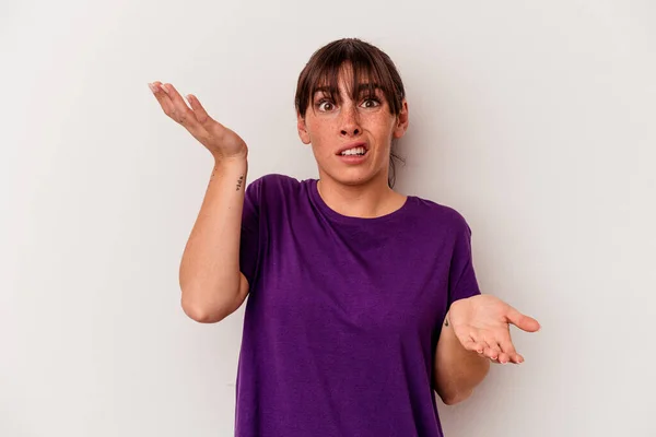 Young Argentinian Woman Isolated White Background Confused Doubtful Shrugging Shoulders — ストック写真