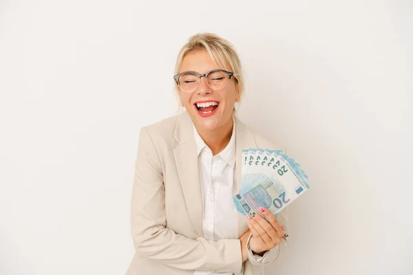 Young Business Russian Woman Holding Banknotes Isolated White Background Laughing — Stock Photo, Image