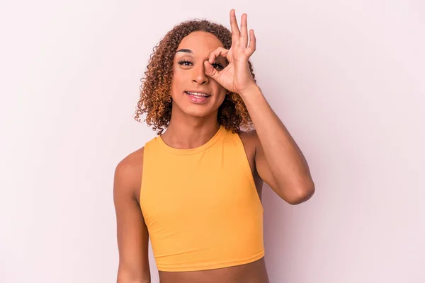 Young Latin Transsexual Woman Isolated Pink Background Excited Keeping Gesture — Stock Photo, Image