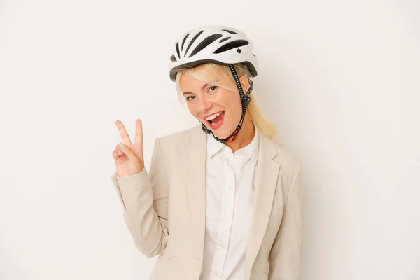 Jeune Femme Affaires Russe Tenant Casque Vélo Isolé Sur Fond — Photo