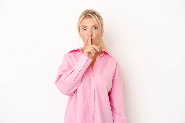 Young Russian Woman Isolated White Background Keeping Secret Asking Silence — Stock Photo, Image