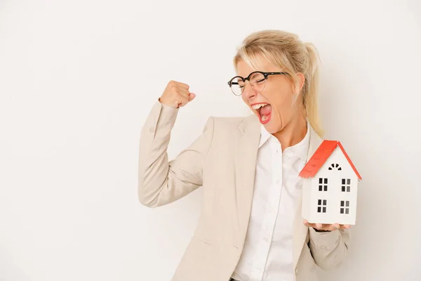 Young Real Estate Agent Woman Holding Home Model Isolated White — Stock Photo, Image