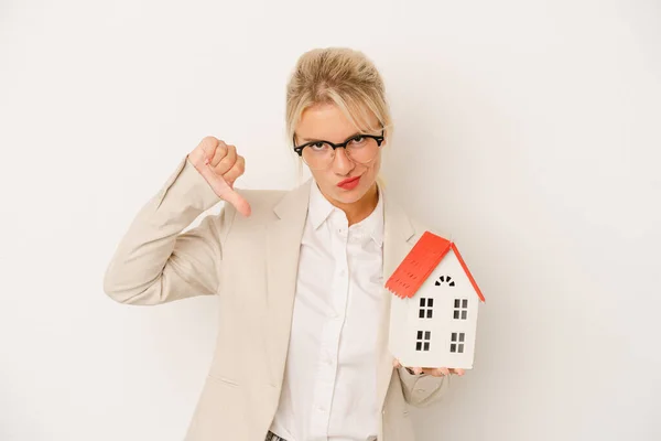 Young Real Estate Agent Woman Holding Home Model Isolated White — Stock Photo, Image