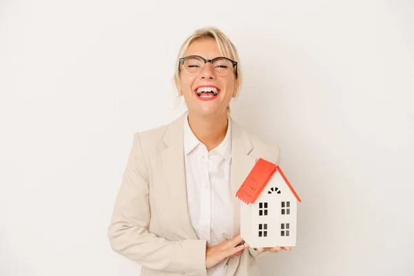 Young Real Estate Agent Woman Holding Home Model Isolated White — Stock Photo, Image