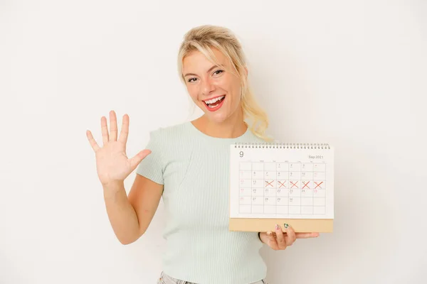 Giovane Donna Russa Che Tiene Calendario Isolato Sfondo Bianco Sorridente — Foto Stock