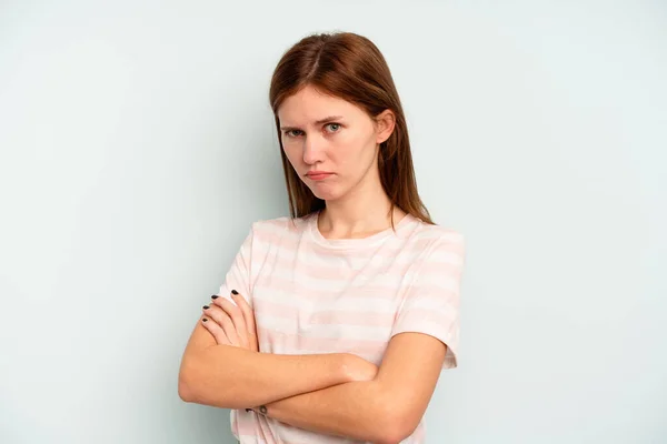 Young English Woman Isolated Blue Background Suspicious Uncertain Examining You — Stock Photo, Image