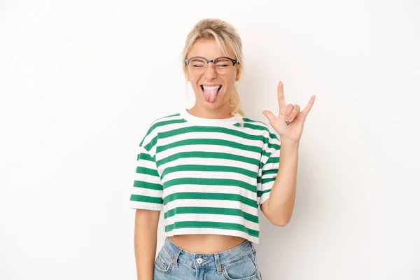 Young Russian Woman Isolated White Background Showing Rock Gesture Fingers — Stock Photo, Image
