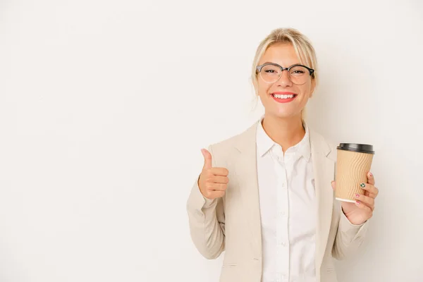 Jong Business Russisch Vrouw Holding Take Away Koffie Geïsoleerd Witte — Stockfoto