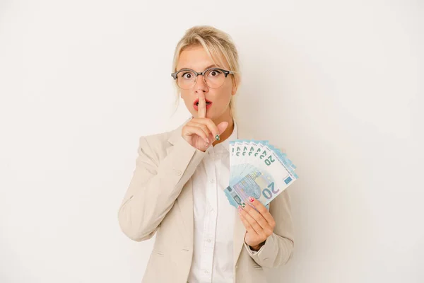 Young Business Russian Woman Holding Banknotes Isolated White Background Keeping — Stock Photo, Image