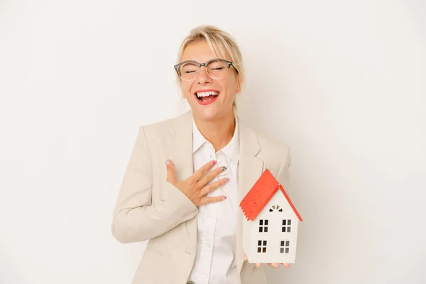 Young Real Estate Agent Woman Holding Home Model Isolated White — Stock Photo, Image