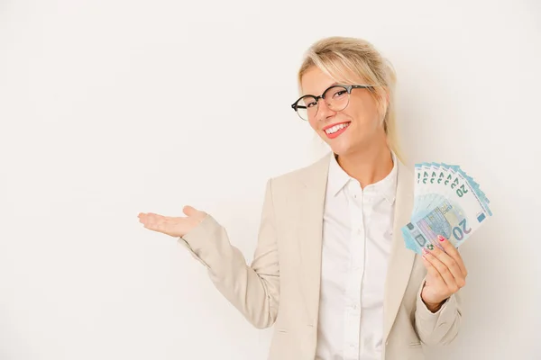 Young Business Russian Woman Holding Banknotes Isolated White Background Showing — Stock Photo, Image
