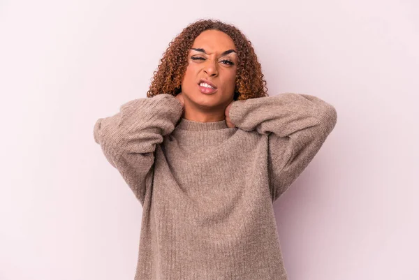 Young Latin Transsexual Woman Isolated Pink Background Suffering Neck Pain — Stock Photo, Image