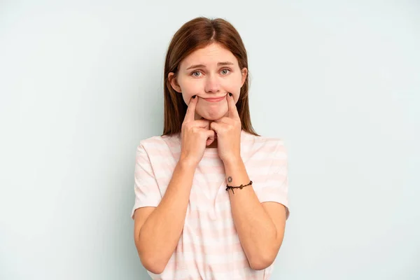 Young English Woman Isolated Blue Background Doubting Two Options — Stock Photo, Image
