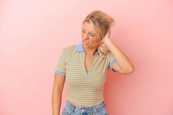 Young Russian Woman Isolated Pink Background Tired Very Sleepy Keeping — Stock Photo, Image