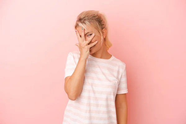 Young Russian Woman Isolated Pink Background Blink Camera Fingers Embarrassed — Stock Photo, Image