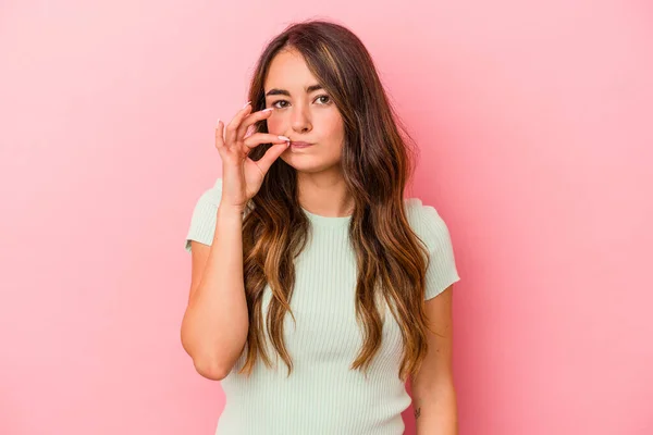 Young Caucasian Woman Isolated Pink Background Fingers Lips Keeping Secret — Stock Photo, Image