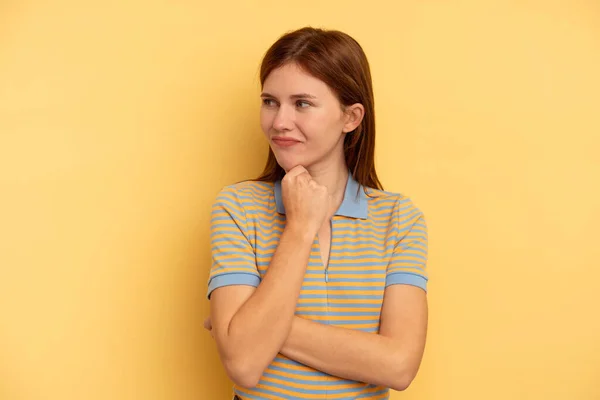 Young English Woman Isolated Yellow Background Suffers Pain Throat Due — Stock Photo, Image