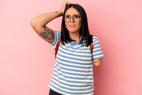 Young Caucasian Student Woman One Arm Isolated Pink Background Being — Stock Photo, Image