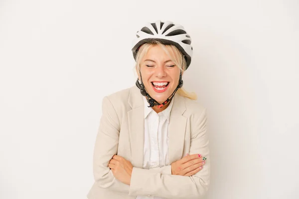 Jeune Entreprise Russe Femme Tenant Casque Vélo Isolé Sur Fond — Photo