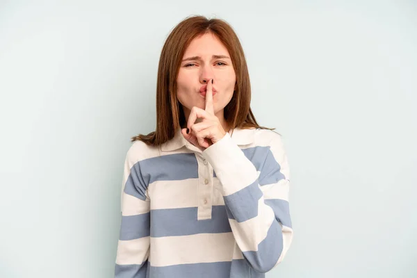 Young English Woman Isolated Blue Background Keeping Secret Asking Silence — Stock Photo, Image