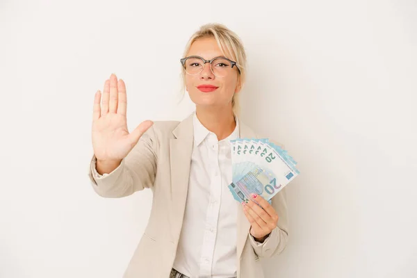 Young Business Russian Woman Holding Banknotes Isolated White Background Standing — Stock Photo, Image