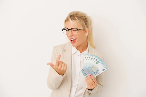 Young Business Russian Woman Holding Banknotes Isolated White Background Pointing — Stock Photo, Image