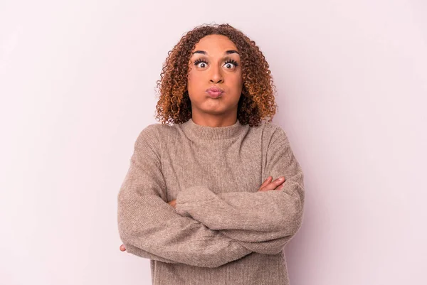 Young Latin Transsexual Woman Isolated Pink Background Blows Cheeks Has — Stock Photo, Image