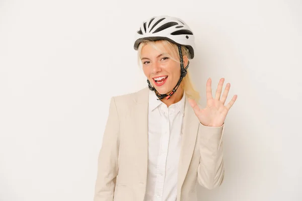 Jeune Entreprise Russe Femme Tenant Casque Vélo Isolé Sur Fond — Photo