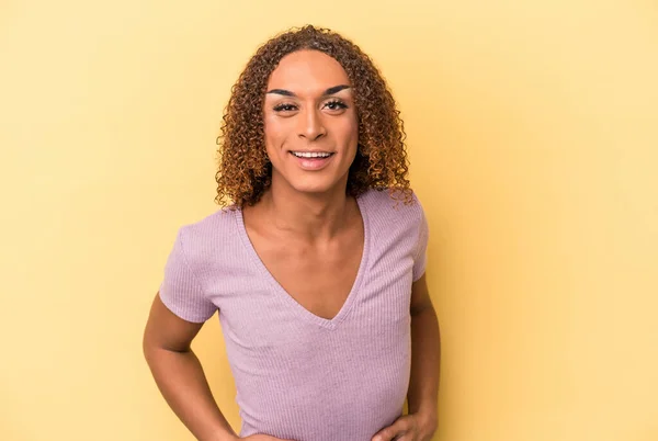 Young Latin Transsexual Woman Isolated Yellow Background Happy Smiling Cheerful — Stock Photo, Image