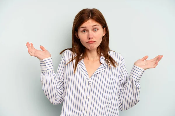 Young English Woman Isolated Blue Background Doubting Shrugging Shoulders Questioning — Stock Photo, Image